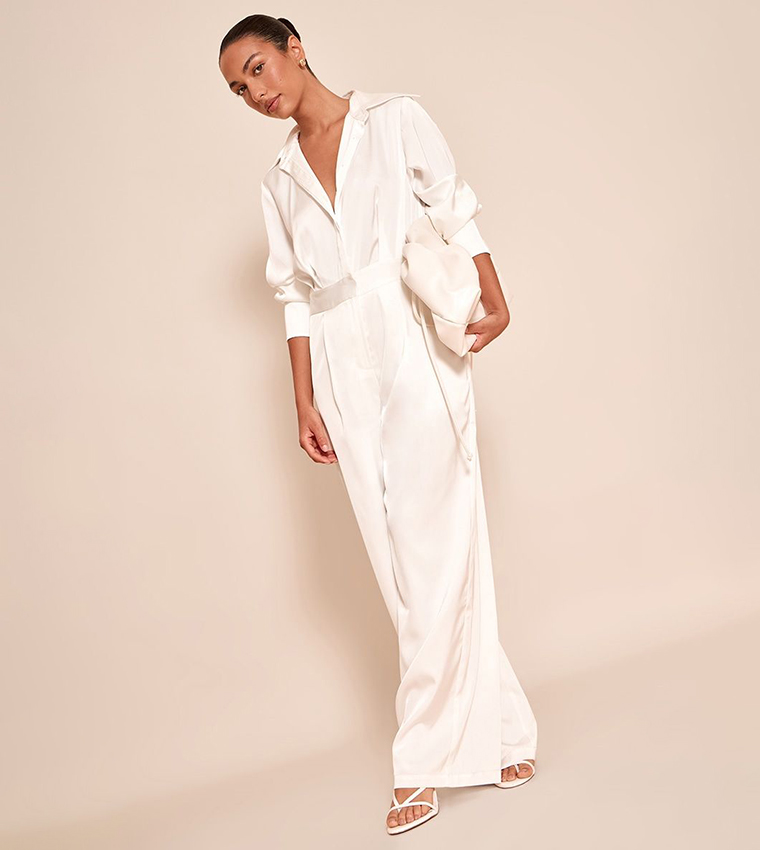 Satin Shirt Detail Wide Leg Jumpsuit