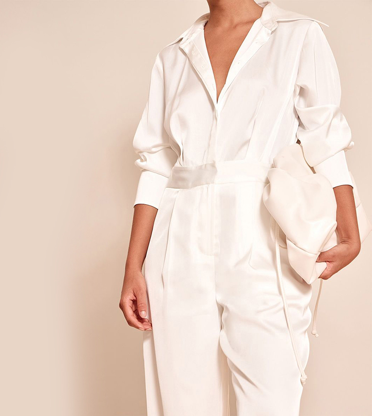 Satin Shirt Detail Wide Leg Jumpsuit