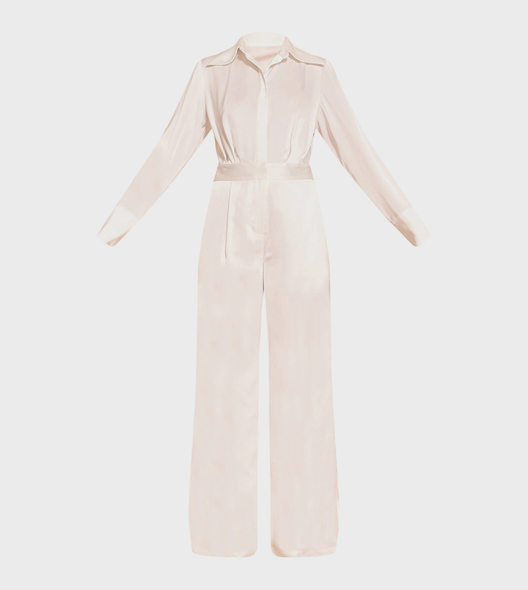 Satin Shirt Detail Wide Leg Jumpsuit