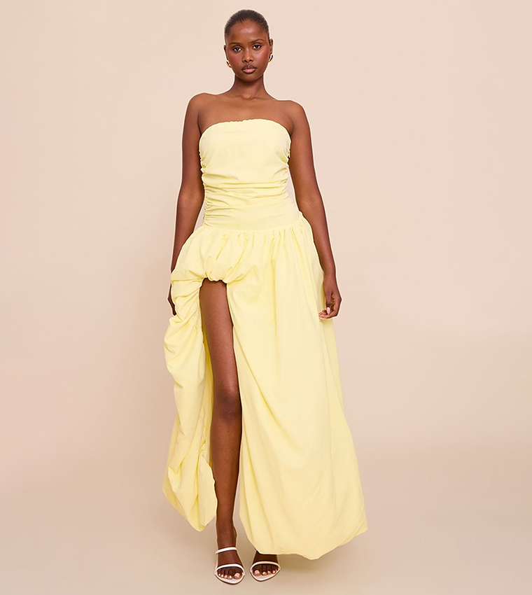Ruched Strapless Split Maxi Dress