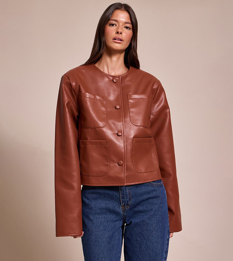 Pocket Detail Faux Leather Jacket