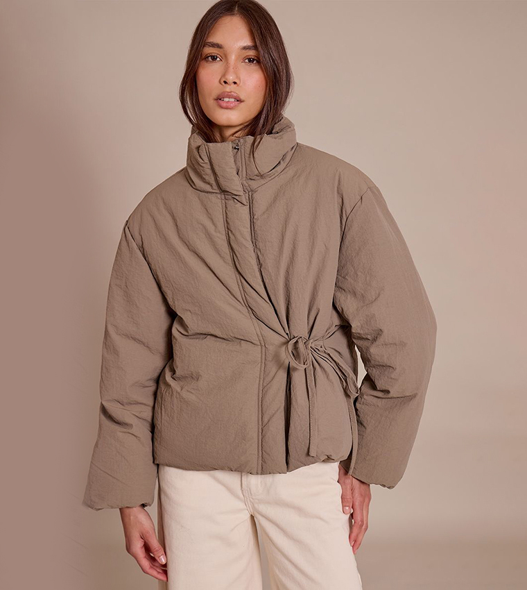 Washed High Neck Tie Waist Quilted Jacket