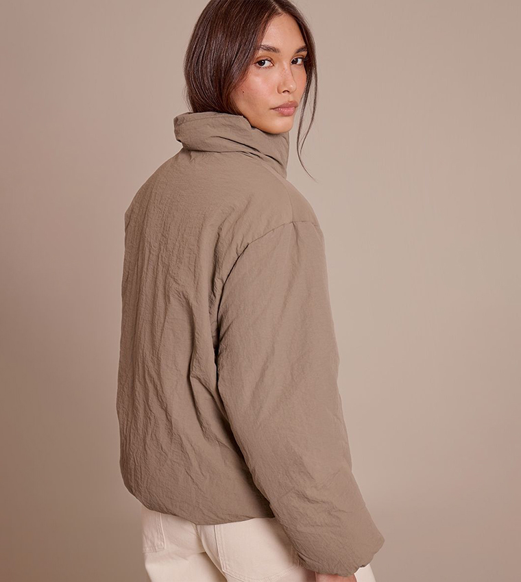 Washed High Neck Tie Waist Quilted Jacket