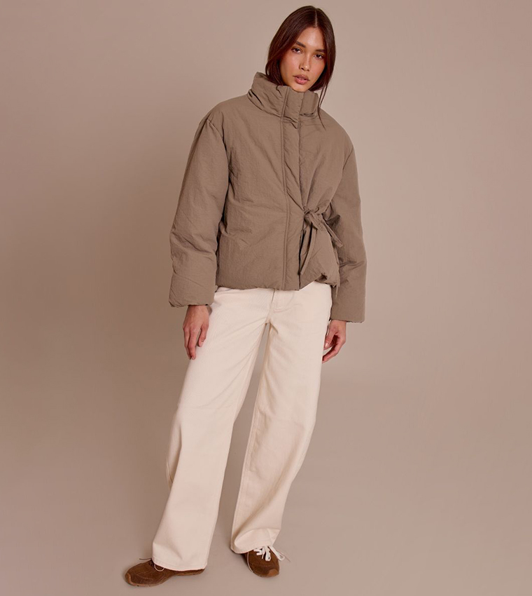 Washed High Neck Tie Waist Quilted Jacket