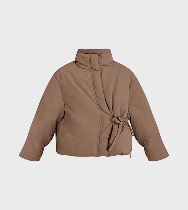 Washed High Neck Tie Waist Quilted Jacket