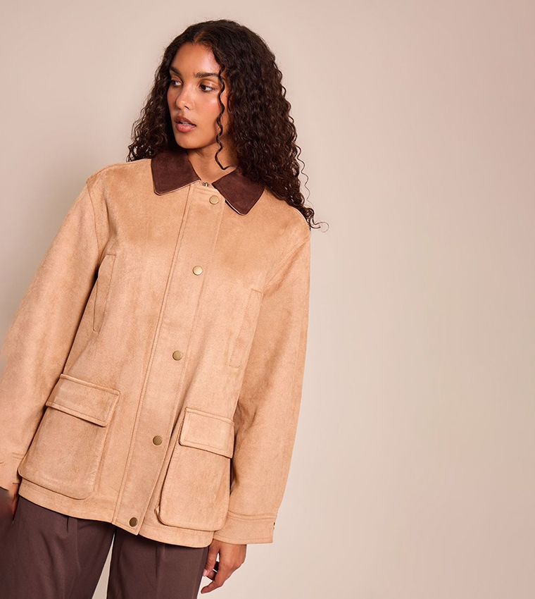 Solid Oversized Pocket Detail Contrast Collar Jacket