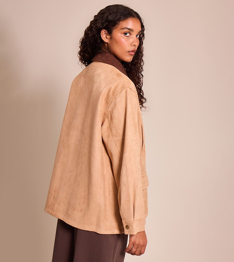 Solid Oversized Pocket Detail Contrast Collar Jacket