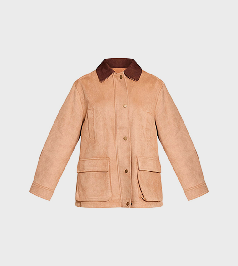 Solid Oversized Pocket Detail Contrast Collar Jacket