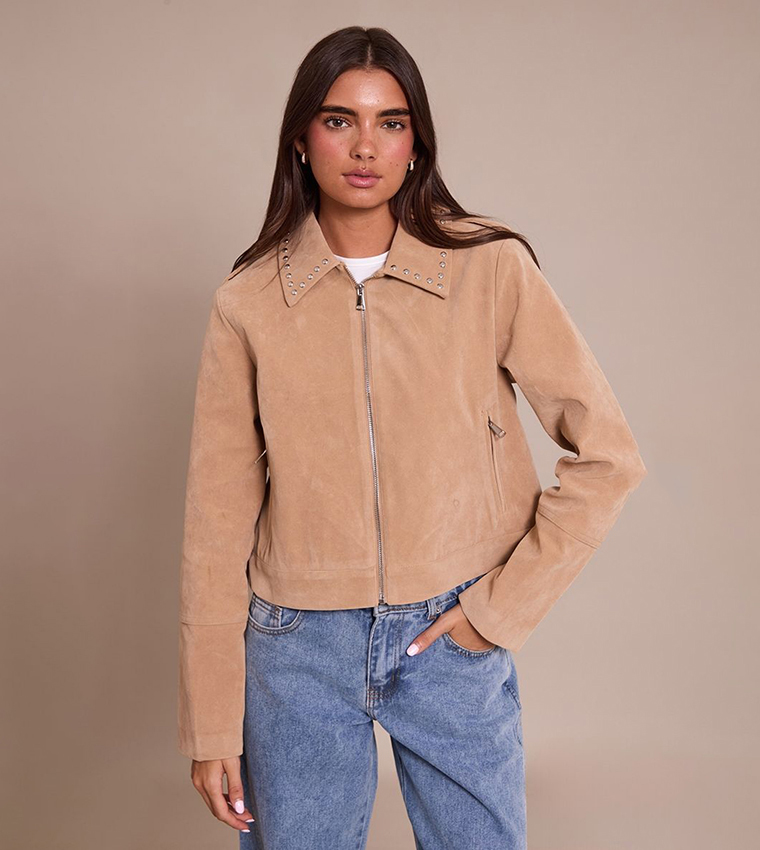 Sand Studded Detail Faux Suede Zip-Through Jacket