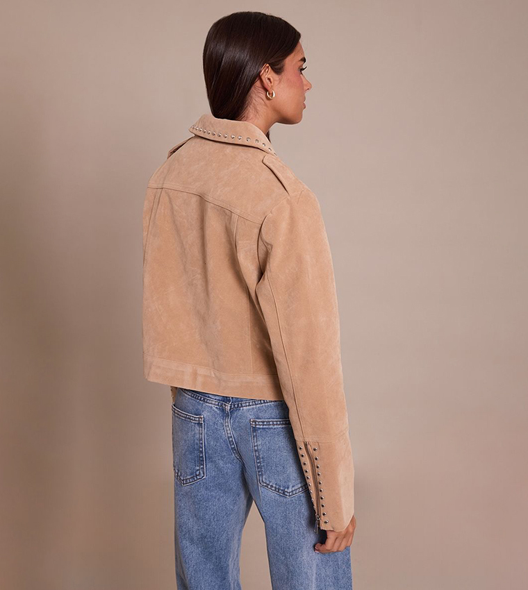 Sand Studded Detail Faux Suede Zip-Through Jacket