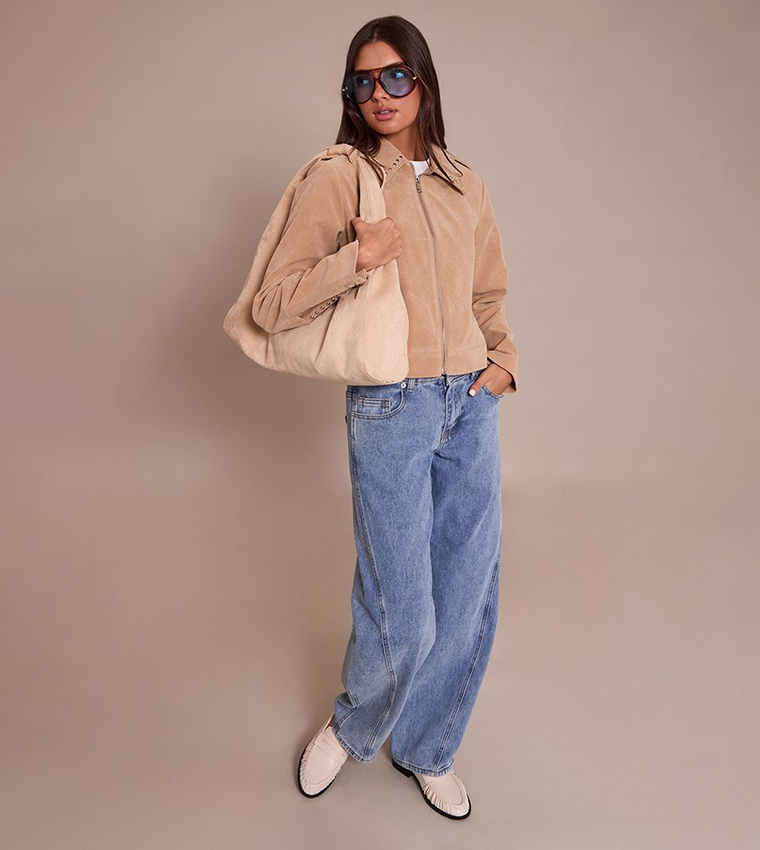 Sand Studded Detail Faux Suede Zip-Through Jacket