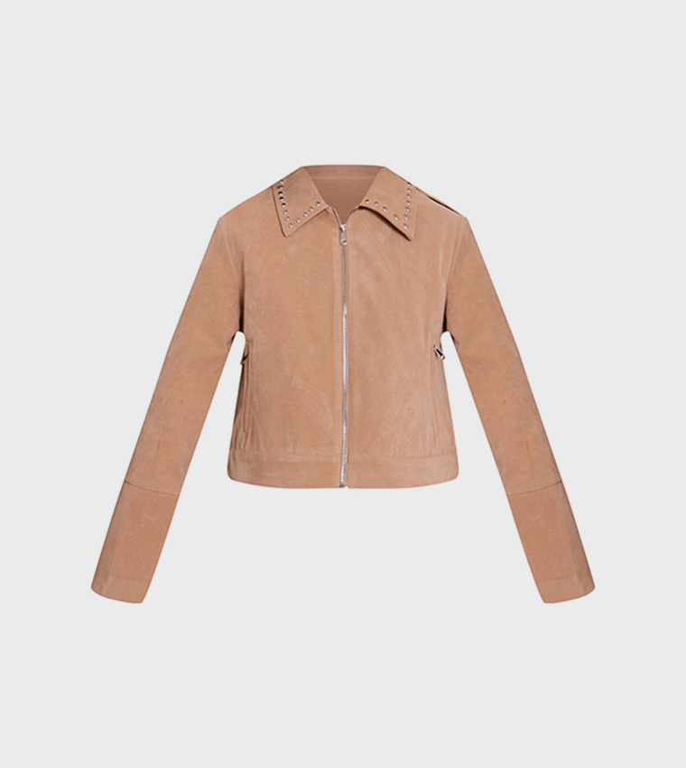 Sand Studded Detail Faux Suede Zip-Through Jacket