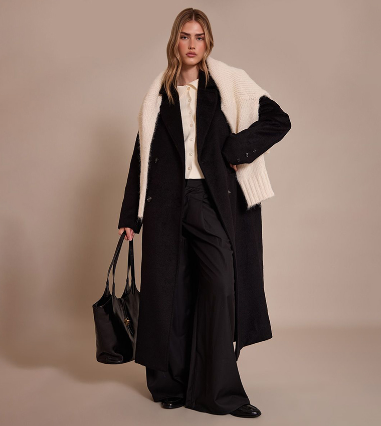 Structured Double Breasted Wool Look Maxi Coat