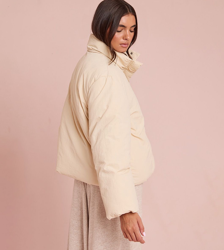 High Neck Tie Waist Quilted Jacket