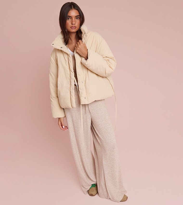 High Neck Tie Waist Quilted Jacket