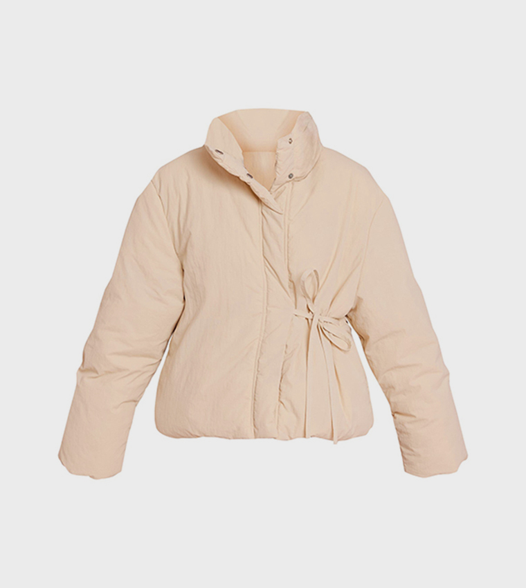 High Neck Tie Waist Quilted Jacket