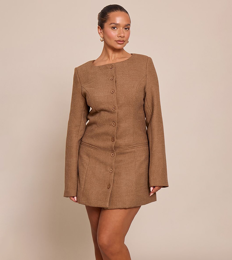 Shape Wool Look Button Front Tailored Mini Dress