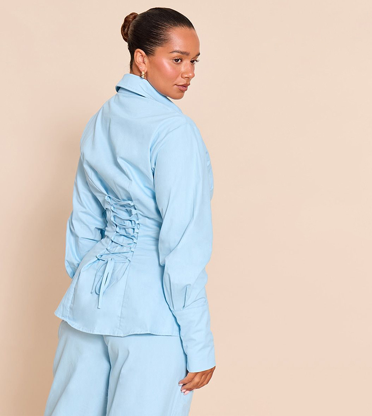 Shape Lace Up Cinched Back Button Front Shirt