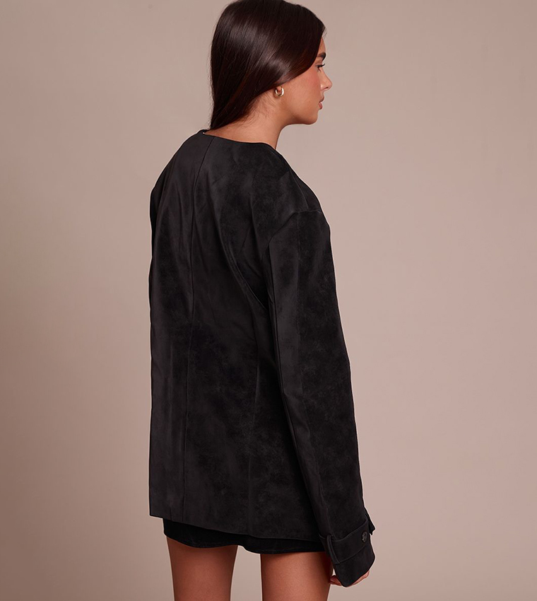 Collarless Button Detail Faux Suede Jacket