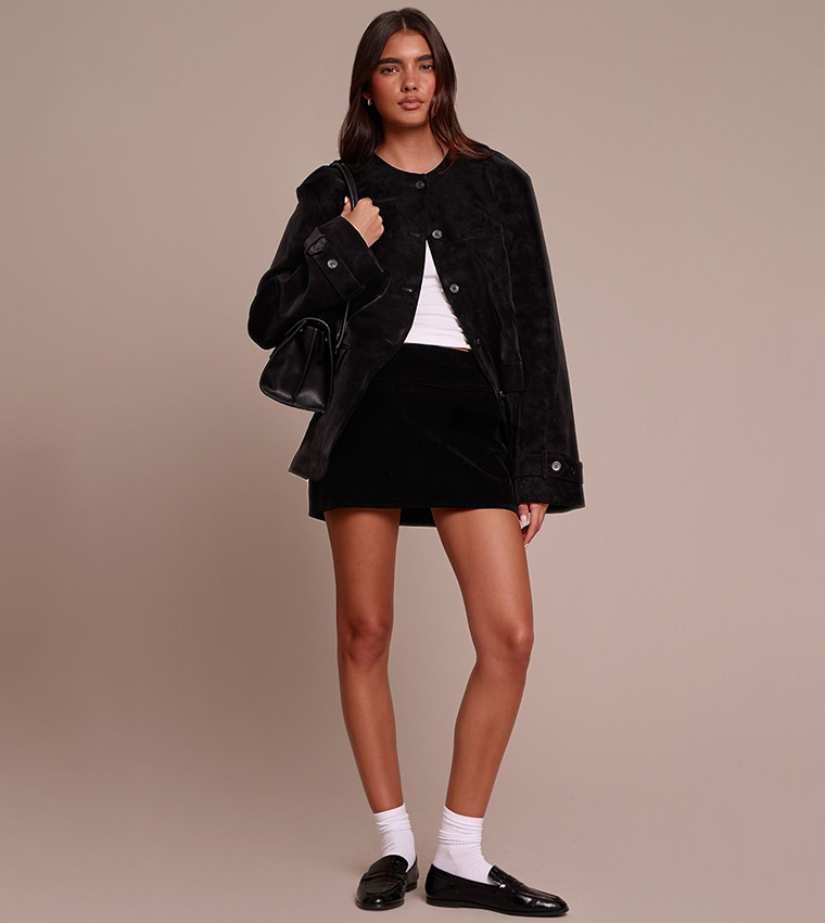 Collarless Button Detail Faux Suede Jacket