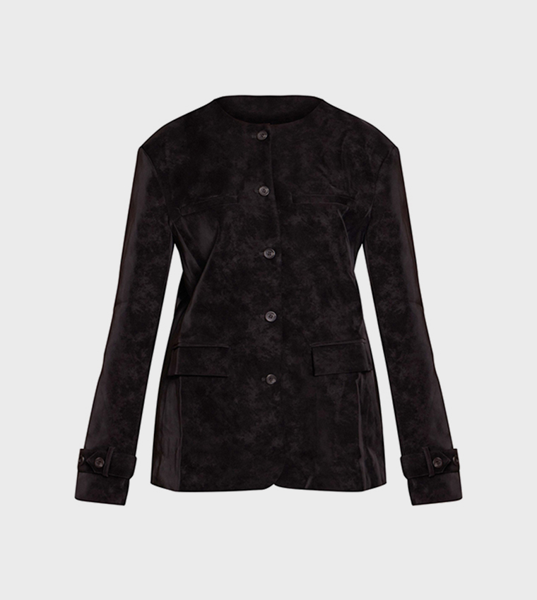 Collarless Button Detail Faux Suede Jacket