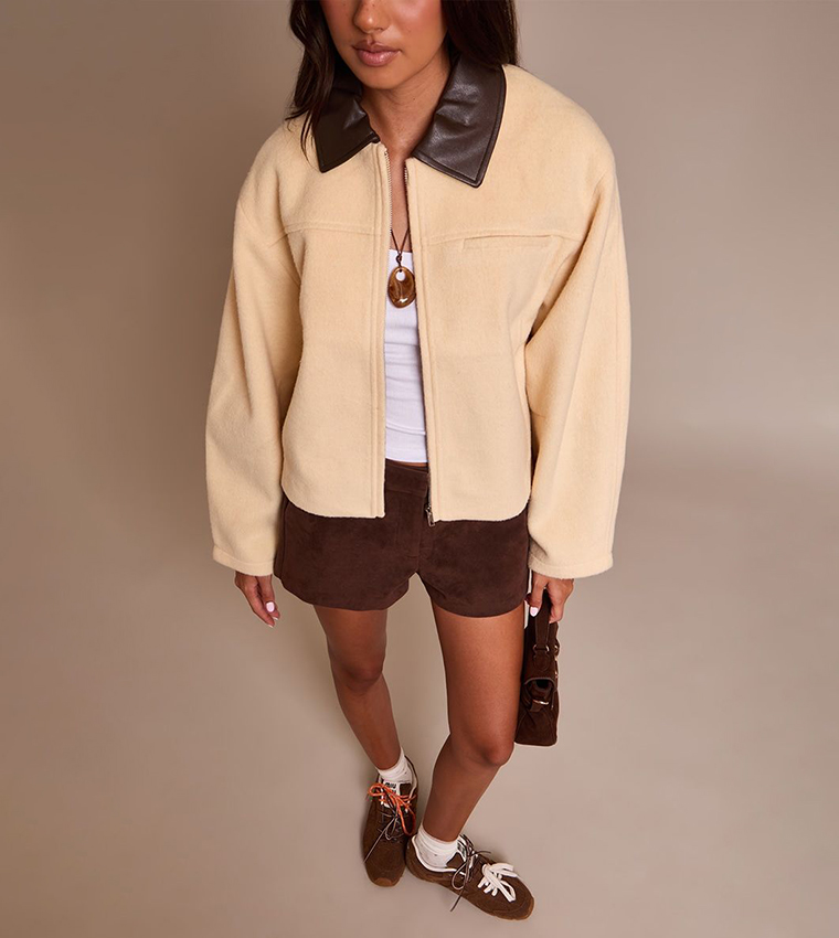 PU Collar Zip-Through Jacket