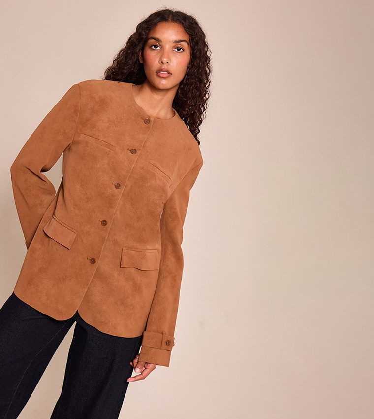 Collarless Button Detail Faux Suede Jacket