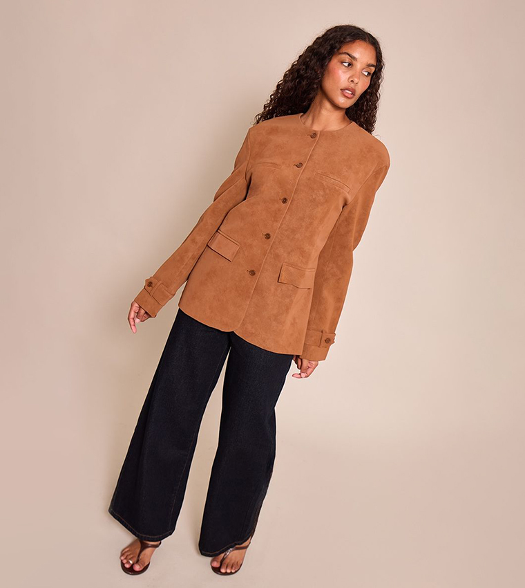 Collarless Button Detail Faux Suede Jacket