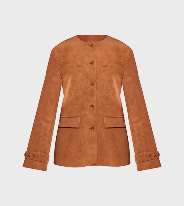 Collarless Button Detail Faux Suede Jacket