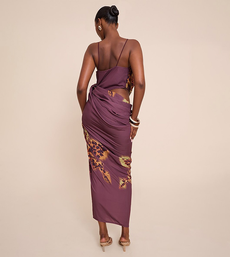 Floral Print Chiffon Drape Cut-Out Maxi Dress