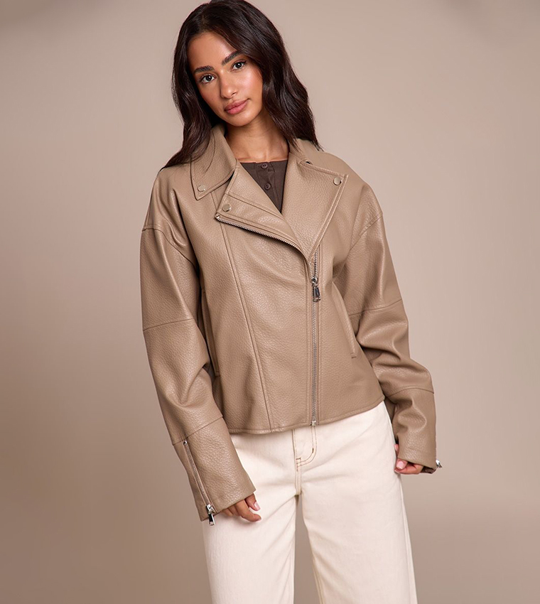 Petite Faux Leather Oversized Biker Jacket