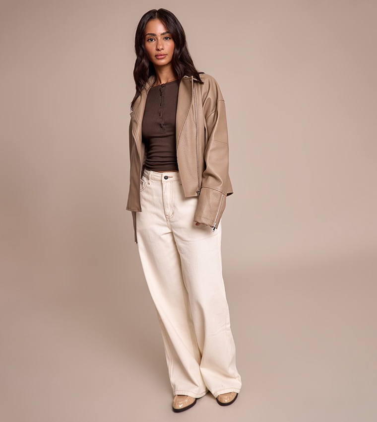 Petite Faux Leather Oversized Biker Jacket