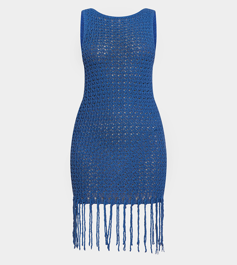 Crochet Crew Neck Tassel Mini Dress