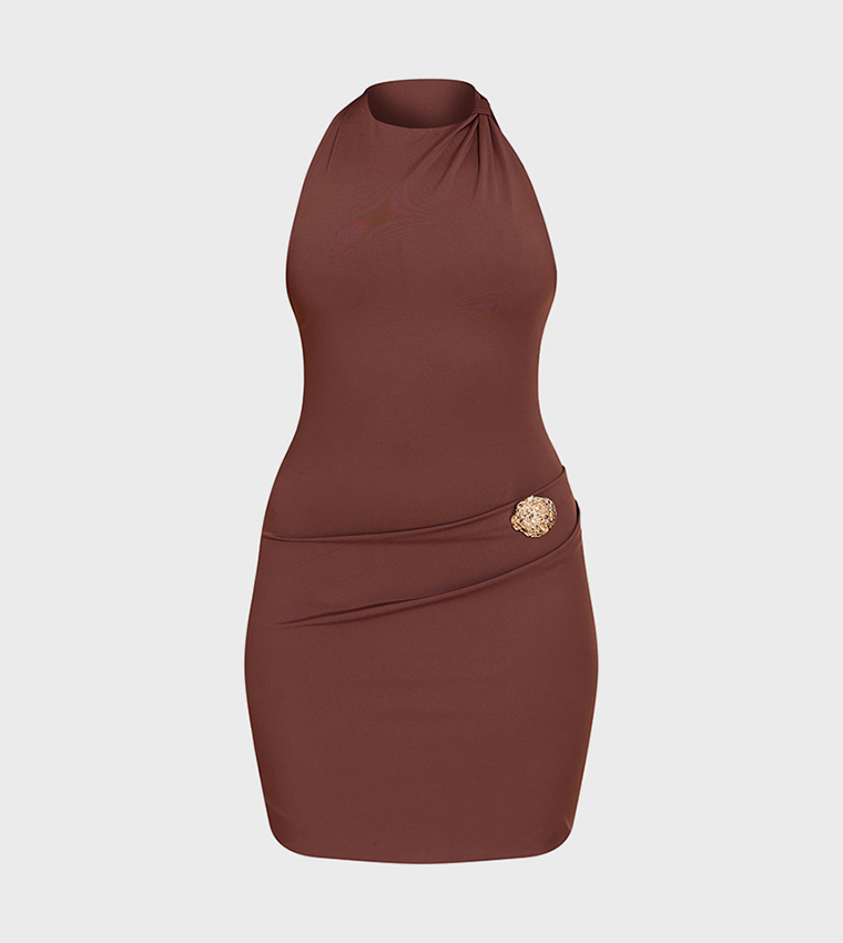 Ruched Halterneck Trim Detail Mini Dress