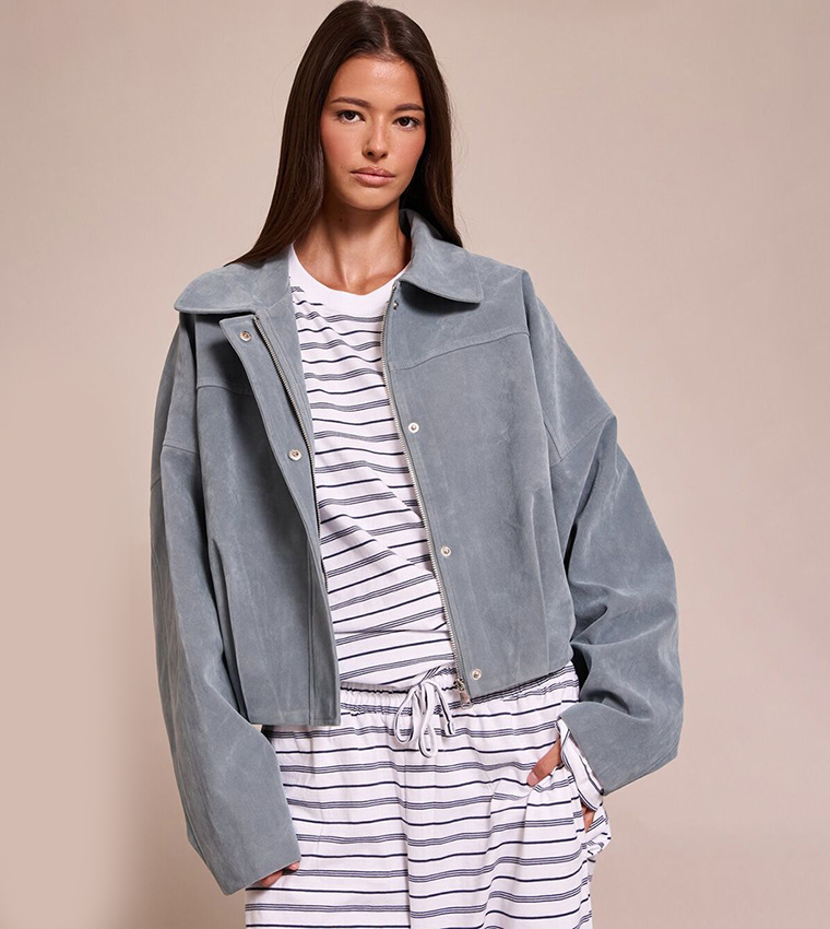 Faux Suede Covered Placket Bomber Jacket