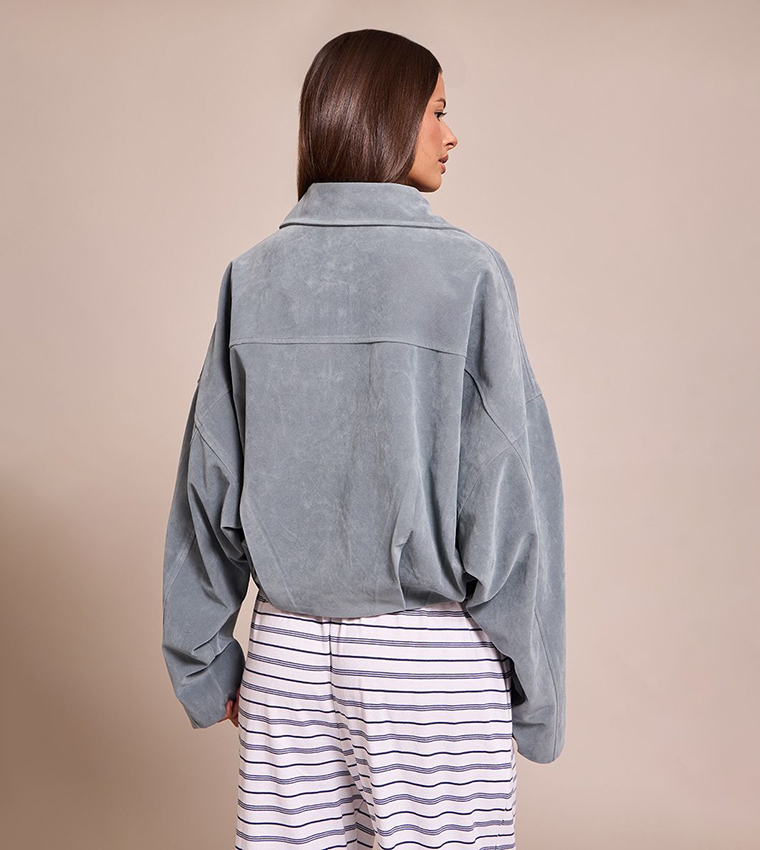 Faux Suede Covered Placket Bomber Jacket