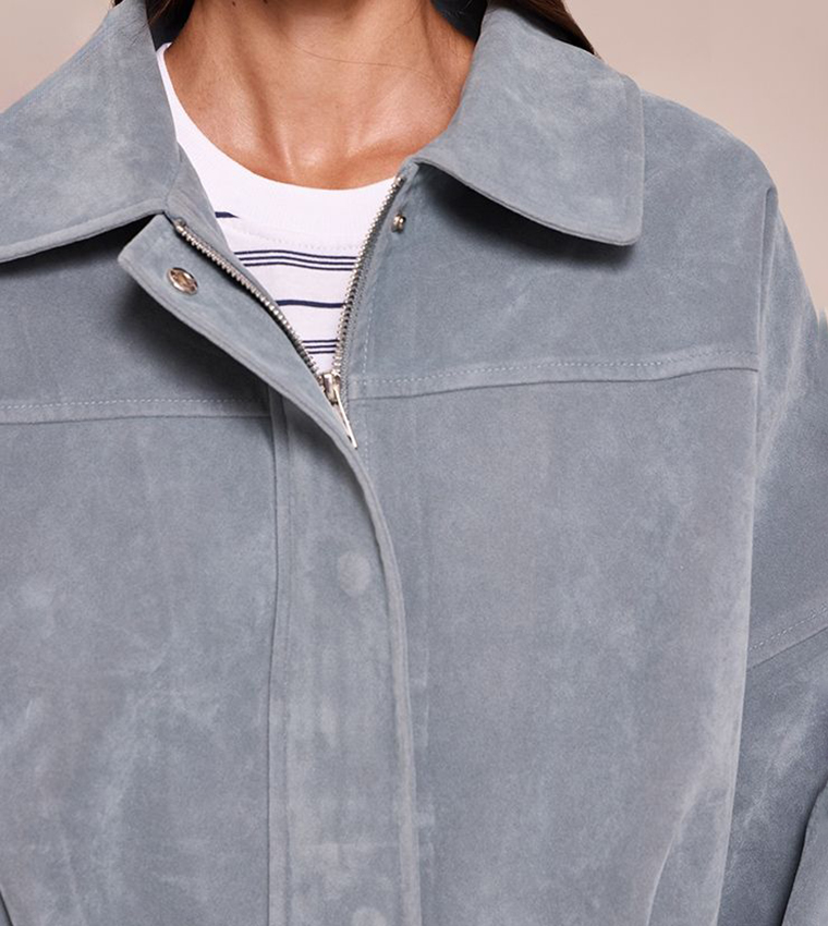 Faux Suede Covered Placket Bomber Jacket