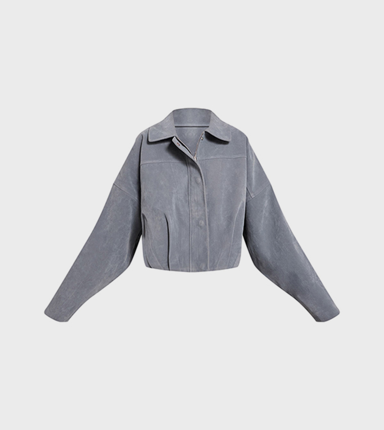 Faux Suede Covered Placket Bomber Jacket
