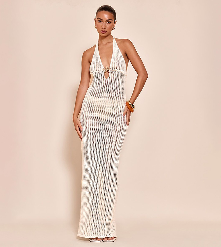 Buy PrettyLittleThing Crochet Trim Detail Halterneck Maxi Dress In Beige | 6thstreet Oman Buy PrettyLittleThing Crochet Trim Detail Halterneck Maxi Dress In Beige | 6thstreet Oman