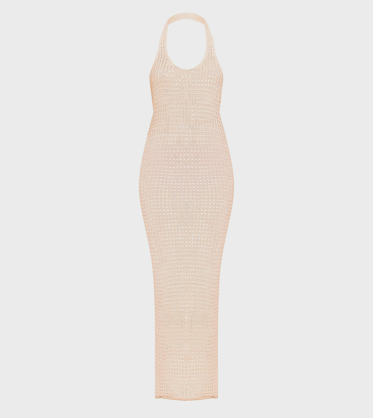 pretty little thing crochet maxi dress Women's Beige Flower Rope Detail Knit Wear it Chocolate Crochet Stripe Long Sleeve