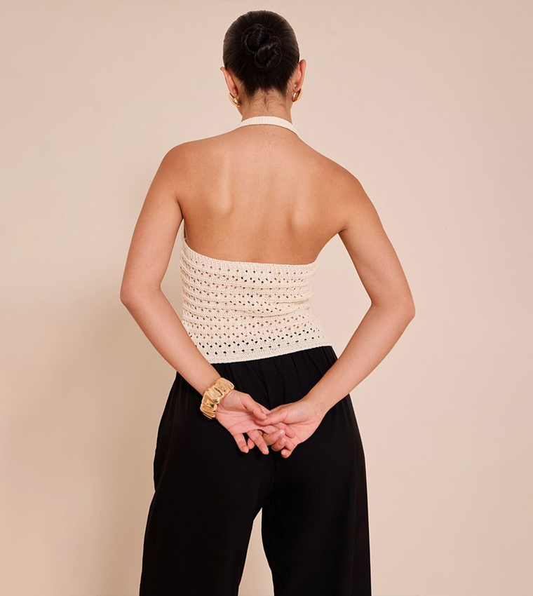 Crochet Trim Detail Halterneck Crop Top