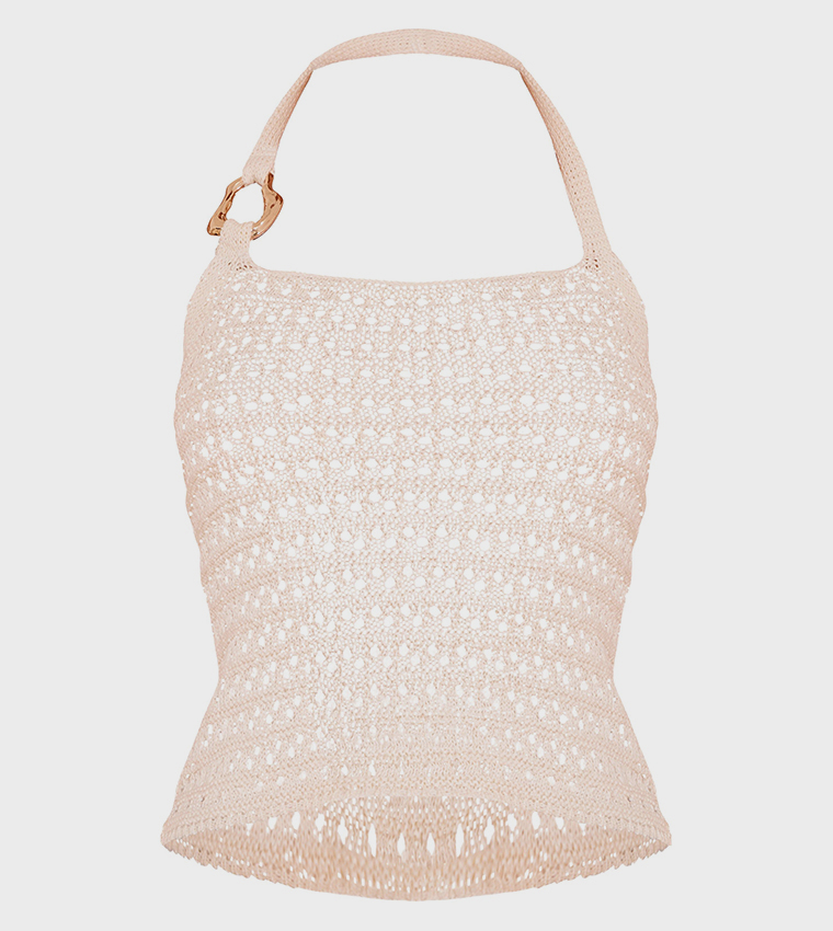 Crochet Trim Detail Halterneck Crop Top