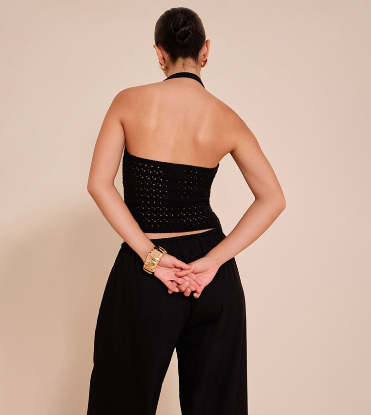 Crochet Trim Detail Halterneck Crop Top