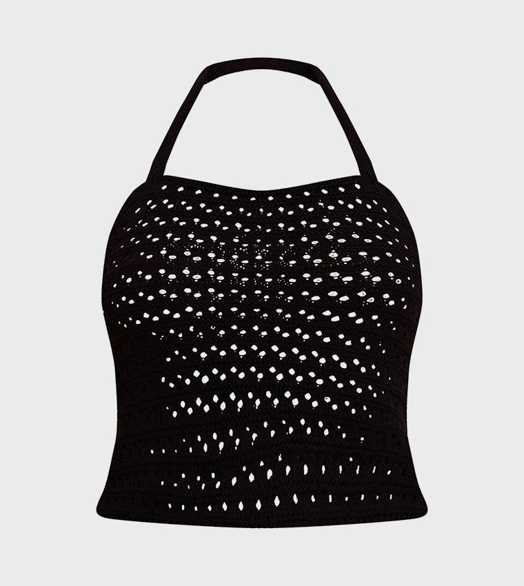 Crochet Trim Detail Halterneck Crop Top