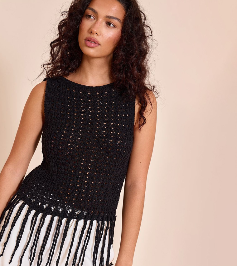 Crochet Boat Neck Fringe Sleeveless Top