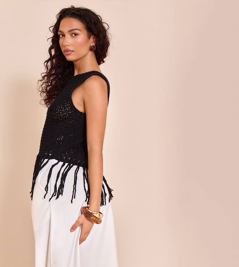 Crochet Boat Neck Fringe Sleeveless Top