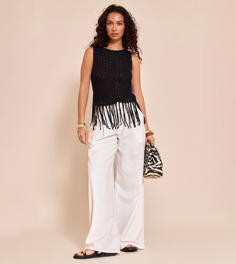 Crochet Boat Neck Fringe Sleeveless Top