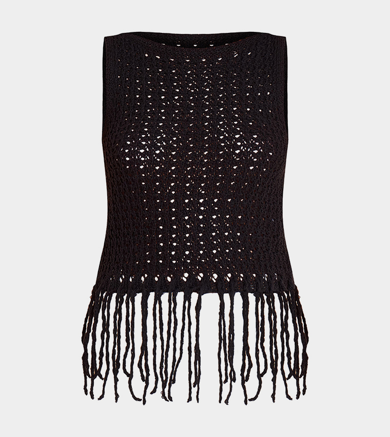 Crochet Boat Neck Fringe Sleeveless Top