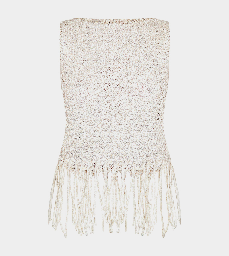 Crochet Boat Neck Fringed Crop Top