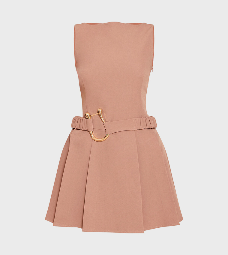 Belt Detail Pleated Shift Mini Dress